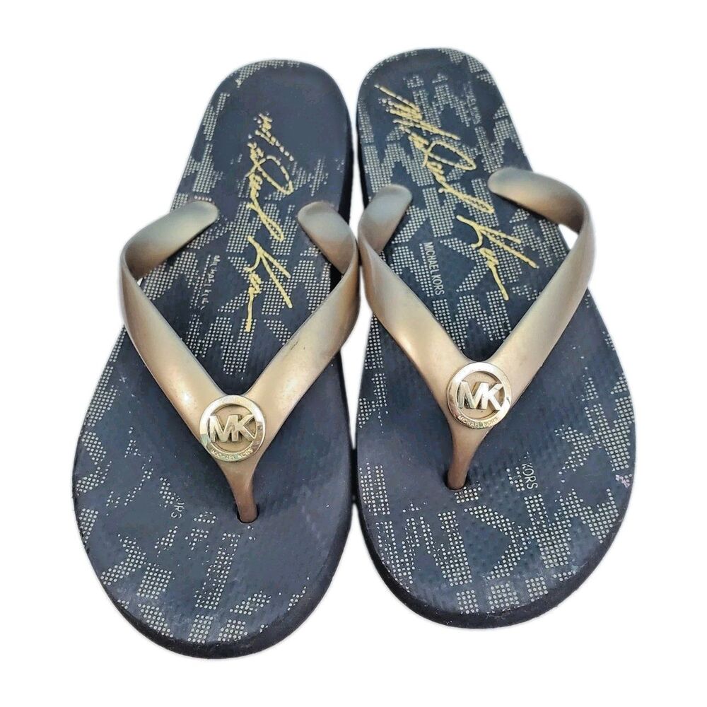 Michael Kors Womens Size 8M Monogram Flip Flop Sandals Gold Metallic Thong
